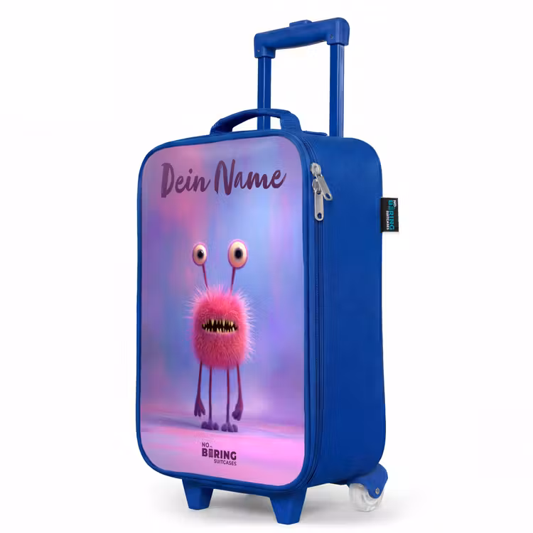 Roze harig monster met grote ogen Kinderkoffer - Blauw klein -productfoto_schuin