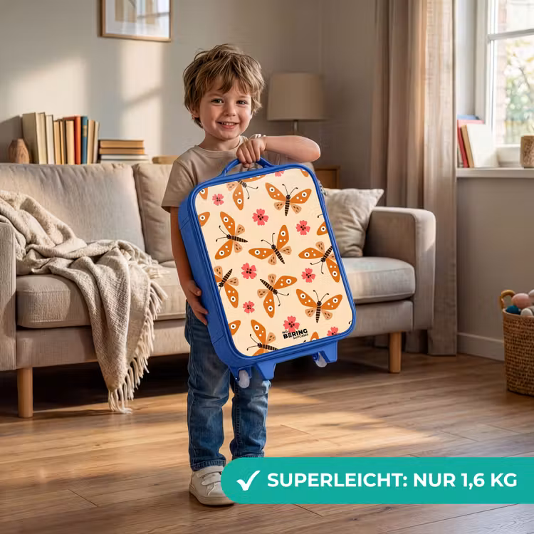 Oranje vlinders en roze bloemen op beige achtergrond Kinderkoffer - Blauw klein -sfeer2_DE