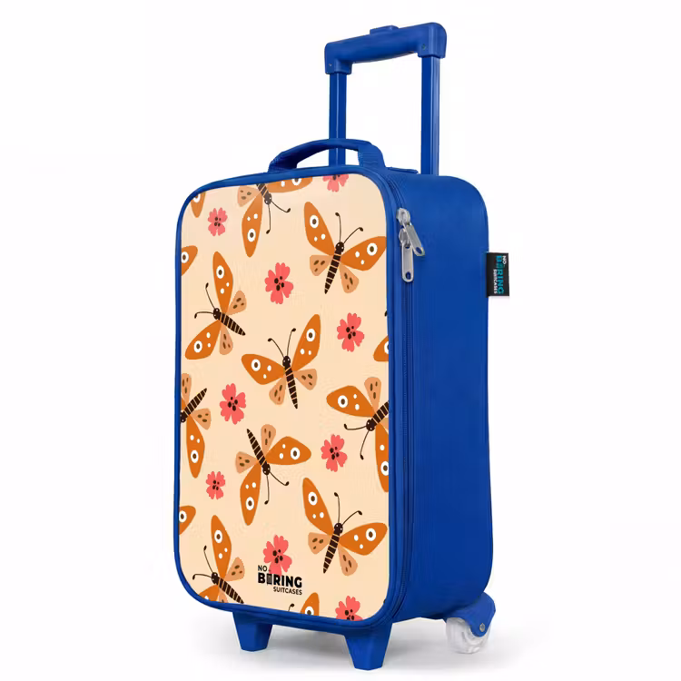 Oranje vlinders en roze bloemen op beige achtergrond Kinderkoffer - Blauw klein -productfoto_schuin