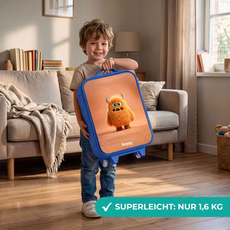 Oranje Pluizig Monster met Hoorns Kinderkoffer - Blauw klein -sfeer2_DE