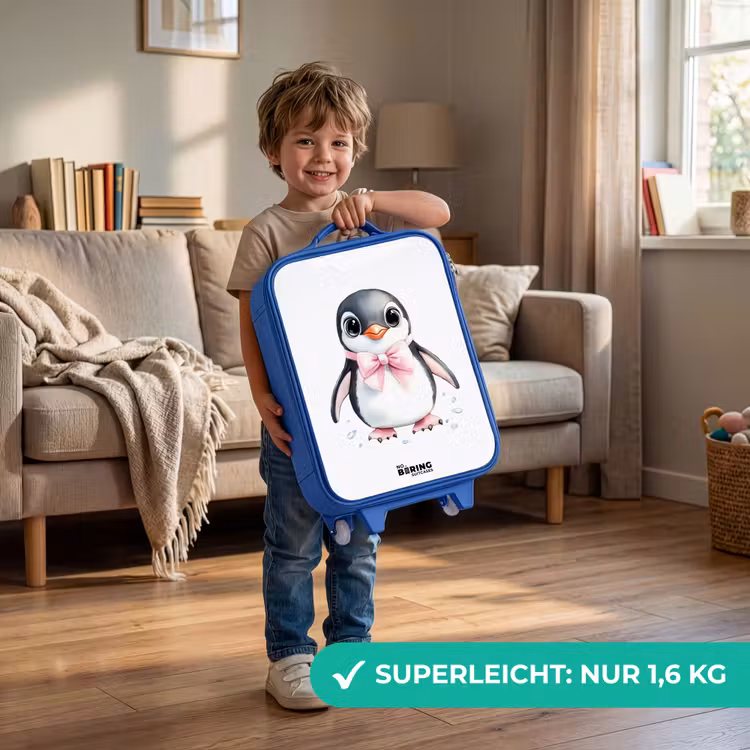 Pinguïn met roze strik en ijsdruppels Kinderkoffer - Blauw klein -sfeer2_DE