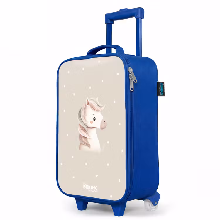 Pony omringd door stippen in beige kleuren Kinderkoffer - Blauw klein -productfoto_schuin