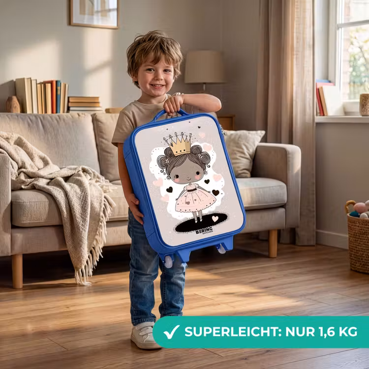 Prinses op gekleurde achtergrond met roze en zwarte hartjes Kinderkoffer - Blauw klein -sfeer2_DE