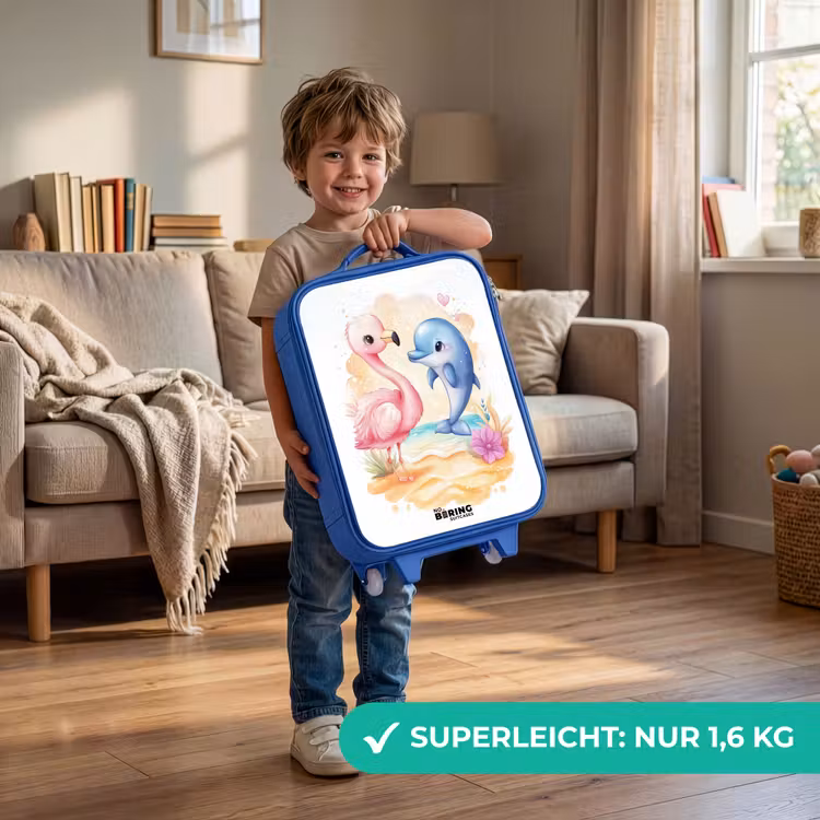 Roze flamingo en blauwe dolfijn op een strand Kinderkoffer - Blauw klein -sfeer2_DE