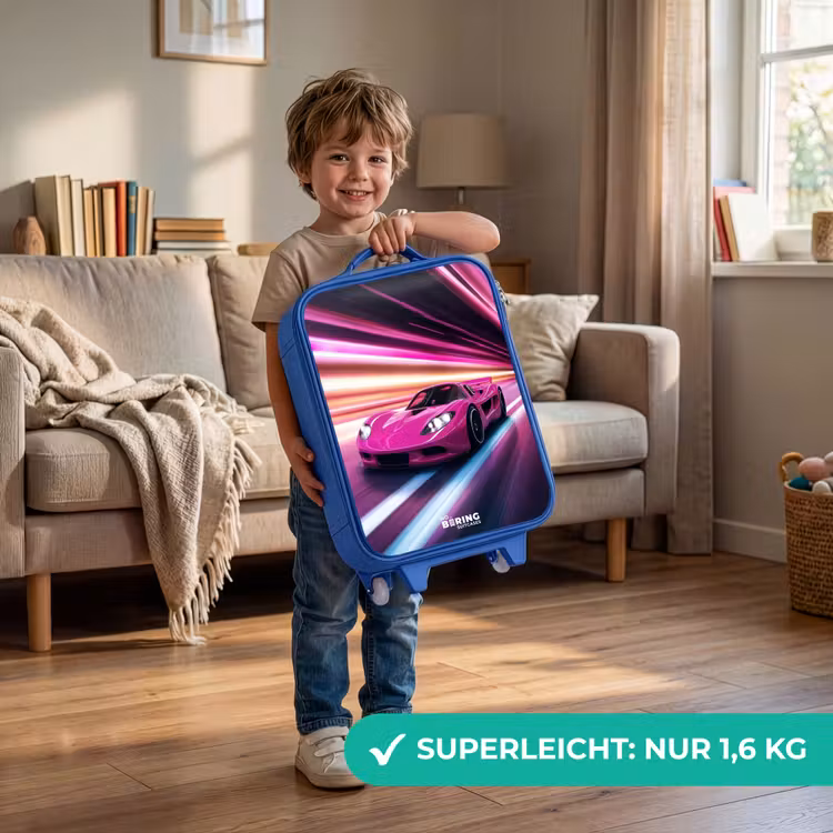 Roze raceauto flitst door neonlicht Kinderkoffer - Blauw klein -sfeer2_DE