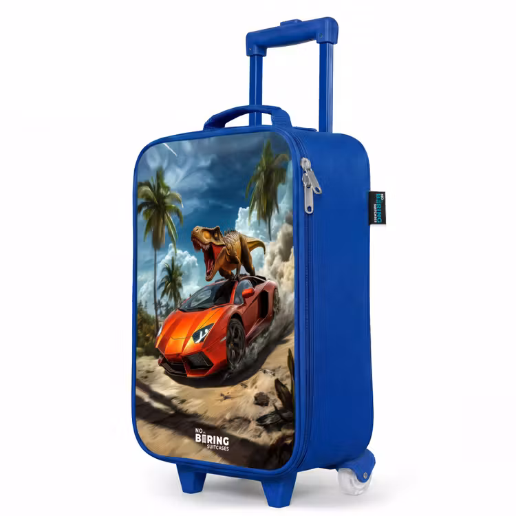 Rode sportauto met dino raast door tropisch strand Kinderkoffer - Blauw klein -productfoto_schuin
