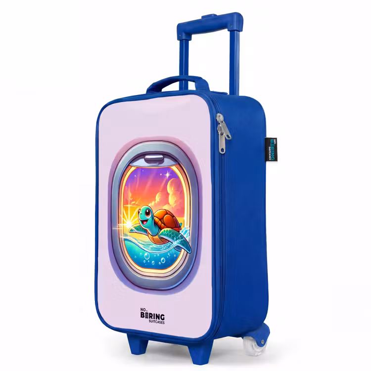 Schildpad die zwemt met zonsondergang Kinderkoffer - Blauw klein -productfoto_schuin