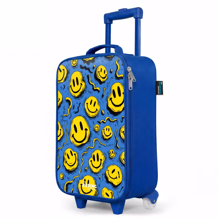 Smiley - Geel - Blauw Kinderkoffer - Blauw klein -productfoto_schuin