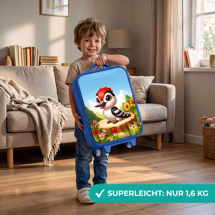 Specht op en boomstronk Kinderkoffer - Blauw klein -sfeer2_DE