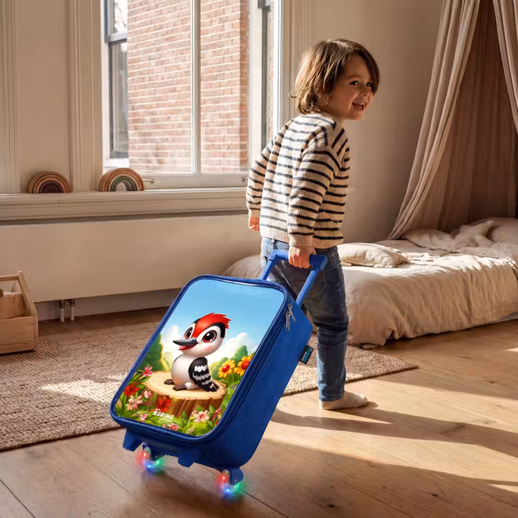 Specht op en boomstronk Kinderkoffer - Blauw klein -sfeer1
