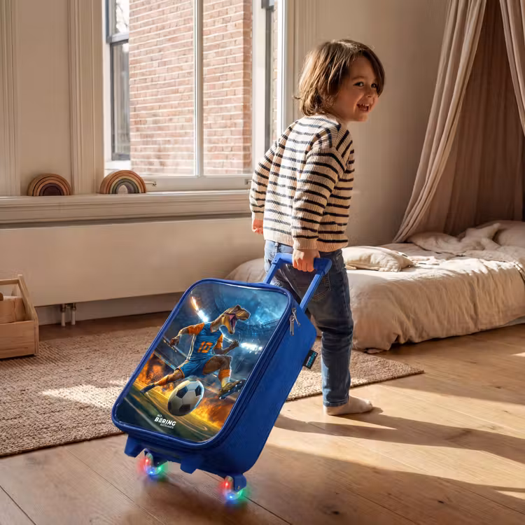 T-Rex als voetballer in vol stadion Kinderkoffer - Blauw klein -sfeer1