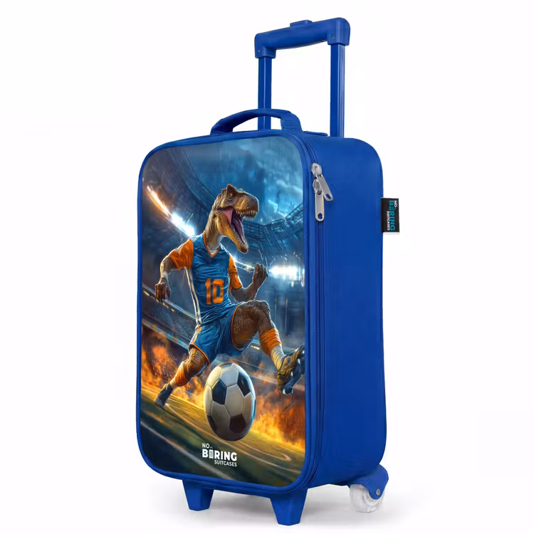 T-Rex als voetballer in vol stadion Kinderkoffer - Blauw klein -productfoto_schuin