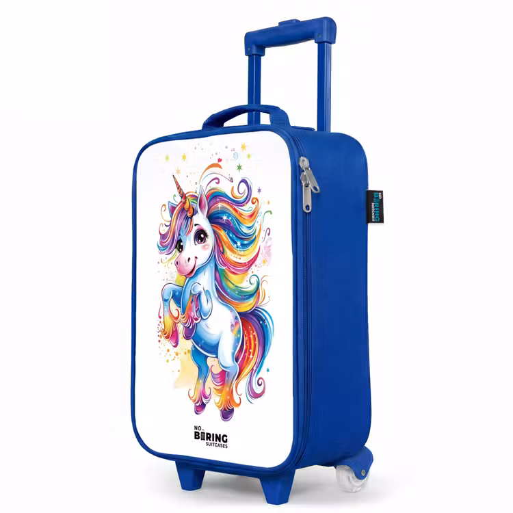 Steigerende Eenhoorn met Regenboogmanen Kinderkoffer - Blauw klein -productfoto_schuin
