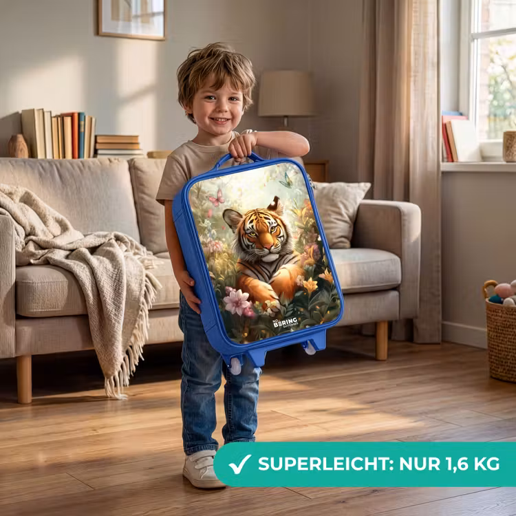 Tijger in bloemenveld met vlinders en zonlicht Kinderkoffer - Blauw klein -sfeer2_DE