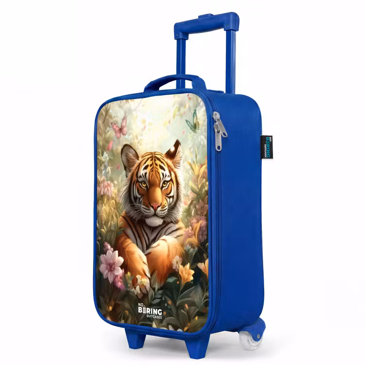 Tijger in bloemenveld met vlinders en zonlicht Kinderkoffer - Blauw klein -productfoto_schuin