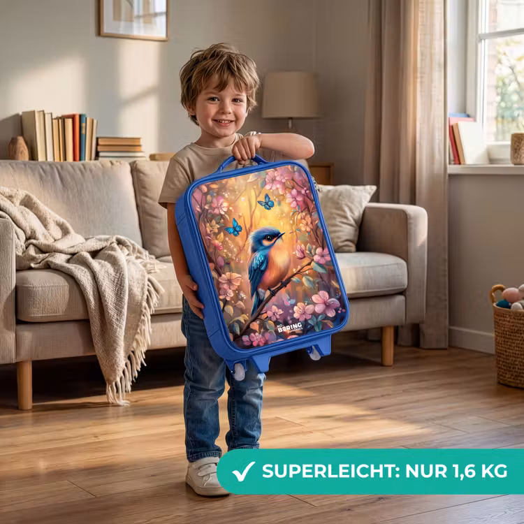 Vogel met vlinders in kleurrijk bos. Kinderkoffer - Blauw klein -sfeer2_DE
