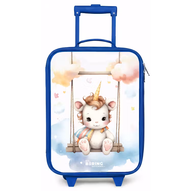 Witte baby eenhoorn op een schommel in de wolken Kinderkoffer - Blauw klein -zz3dotto