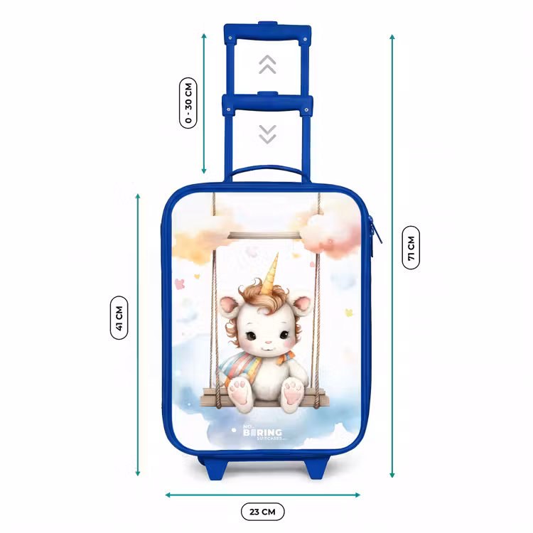 Witte baby eenhoorn op een schommel in de wolken Kinderkoffer - Blauw klein -productfoto_formaten