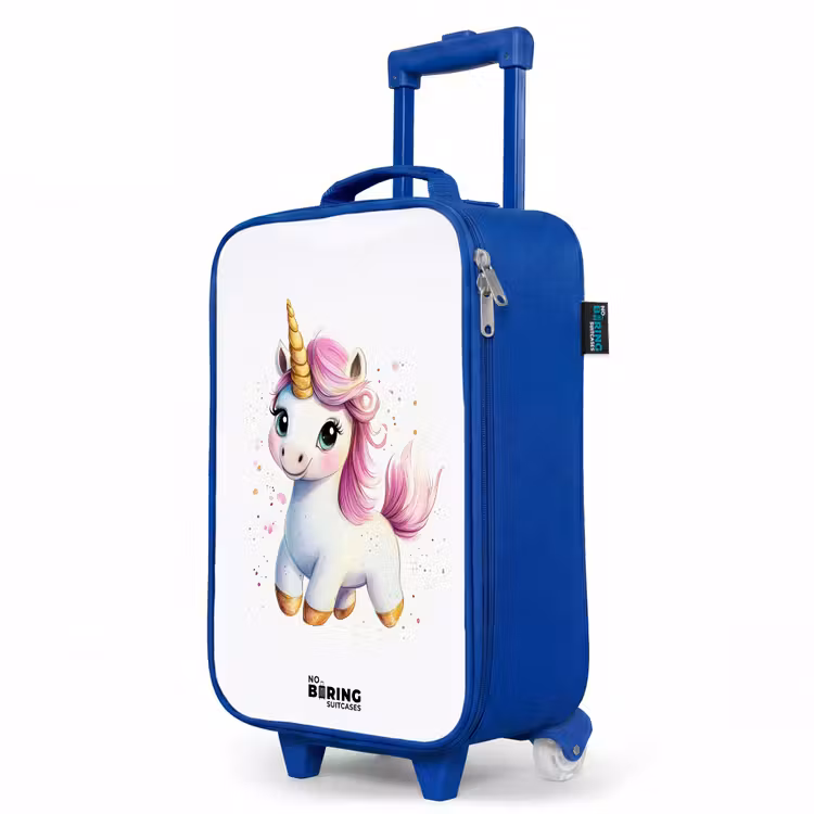 Witte eenhoorn met roze manen Kinderkoffer - Blauw klein -productfoto_schuin