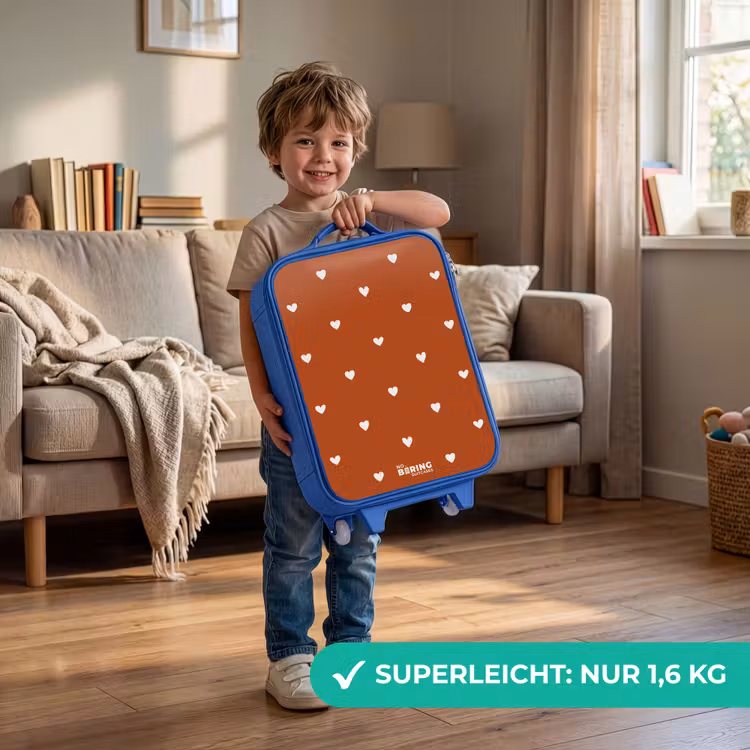 Wit hartjespatroon op oranje bruine achtergrond Kinderkoffer - Blauw klein -sfeer2_DE