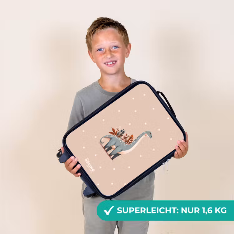 Blauwe dinosaurus op een beige stippenachtergrond Kinderkoffer - Zwart klein -sfeer4_DE