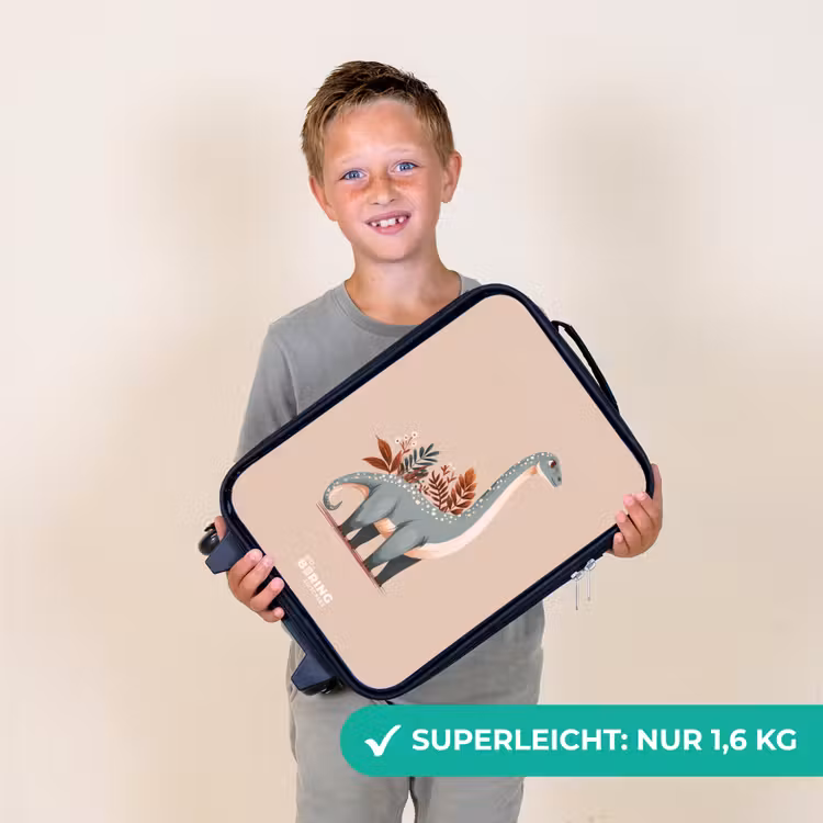 Blauwe dinosaurus op een beige achtergrond Kinderkoffer - Zwart klein -sfeer4_DE