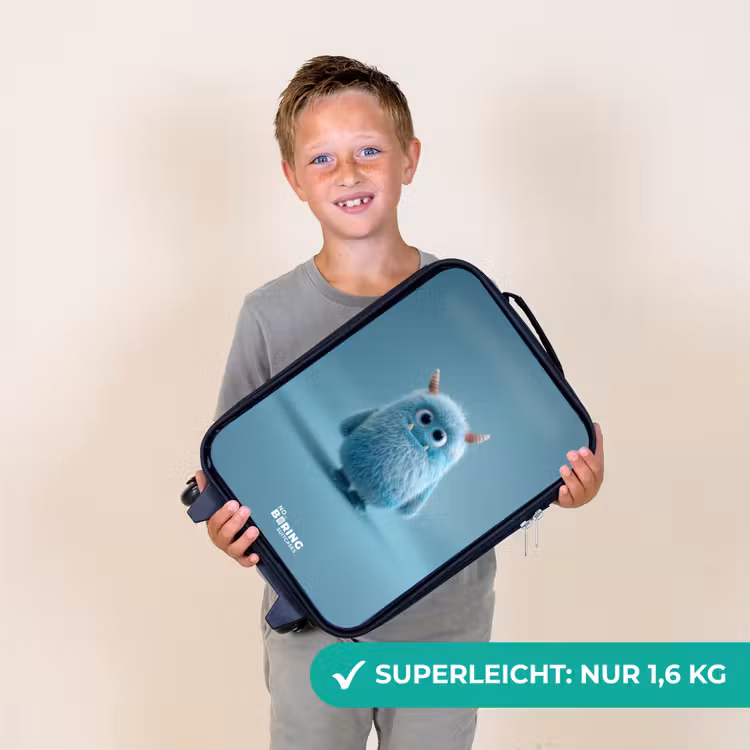 Blauw pluizig monster met hoorns Kinderkoffer - Zwart klein -sfeer4_DE