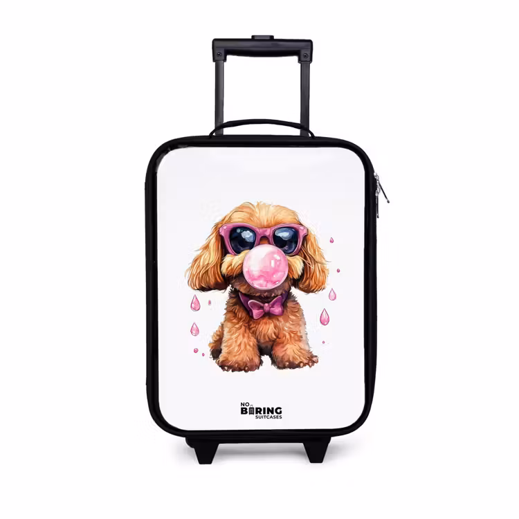 Bruine hond met roze bril en kauwgombal Kinderkoffer - Zwart klein -3d