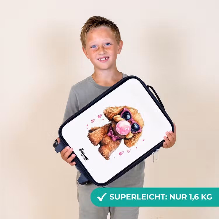 Bruine hond met roze bril en kauwgombal Kinderkoffer - Zwart klein -sfeer4_DE