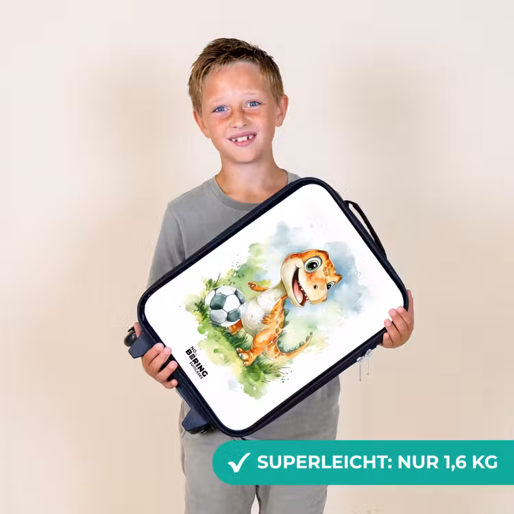 Dino met voetbal in kleurrijk veld Kinderkoffer - Zwart klein -sfeer4_DE