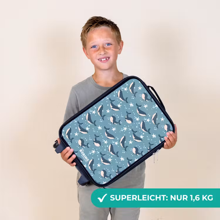 Donkerblauw walvissenpatroon met zeesterren Kinderkoffer - Zwart klein -sfeer4_DE
