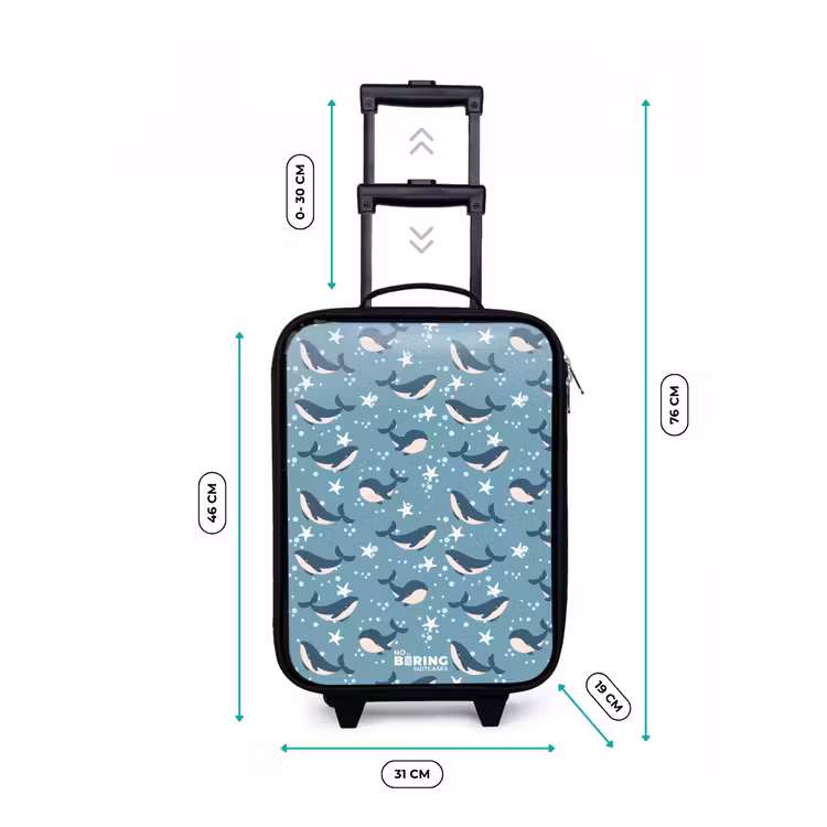 Donkerblauw walvissenpatroon met zeesterren Kinderkoffer - Zwart klein -productfoto_formaten