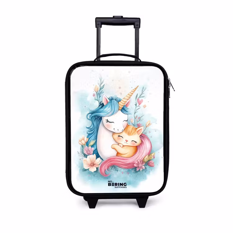 Eenhoorn met blauwe manen en oranje kitten Kinderkoffer - Zwart klein -3d