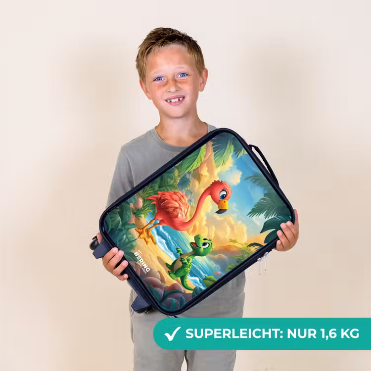 Flamingo en dinosaurus op strand bij ondergaande zon Kinderkoffer - Zwart klein -sfeer4_DE