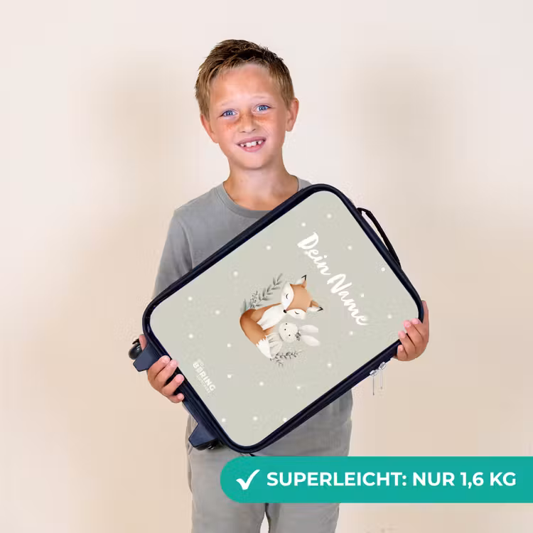 Vos en konijn omringd door groene blaadjes en stippen Kinderkoffer - Zwart klein -sfeer4_DE