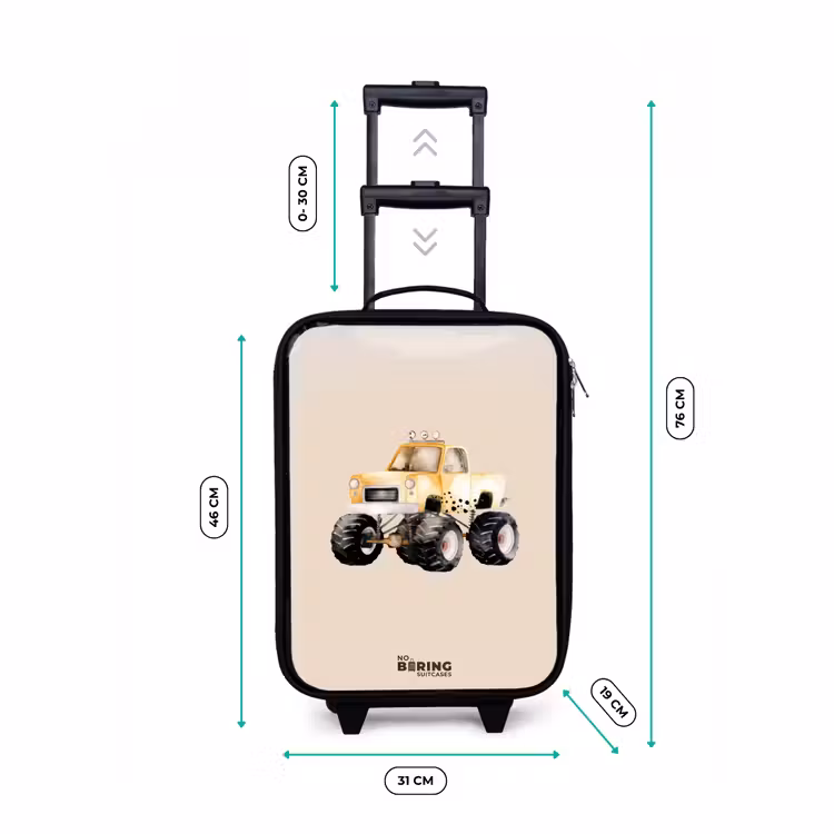 Gele monstertruck op een beige achtergrond Kinderkoffer - Zwart klein -productfoto_formaten