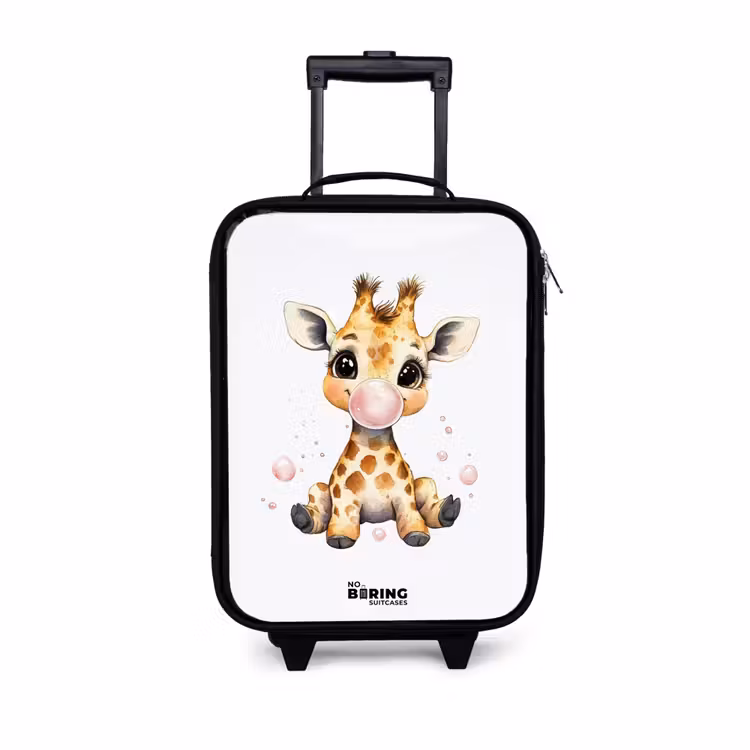 Giraffe met roze kauwgombal Kinderkoffer - Zwart klein -3d