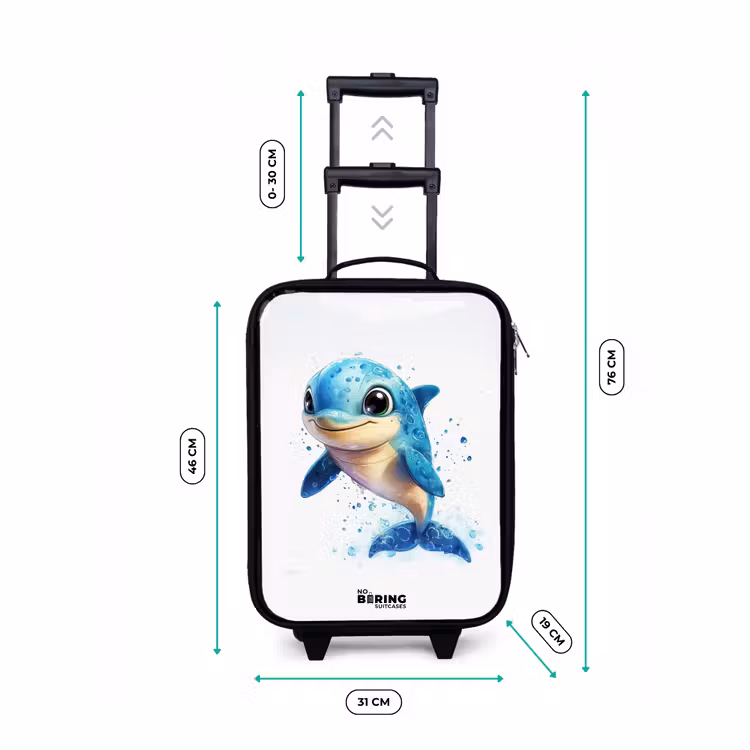 Blije dolfijn met waterdruppels op wit Kinderkoffer - Zwart klein -productfoto_formaten