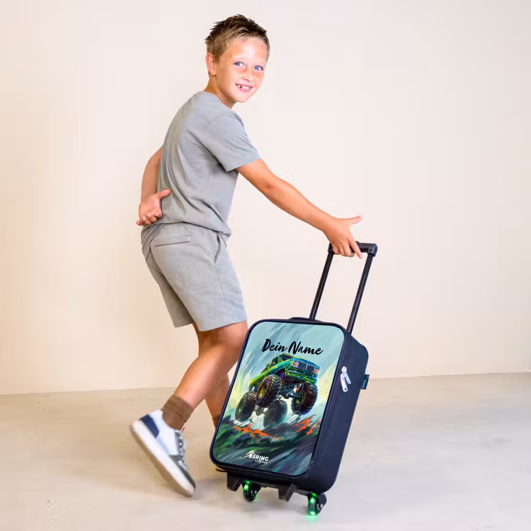 Groene Monstertruck met Penseelstreken Kinderkoffer - Zwart klein -sfeer3