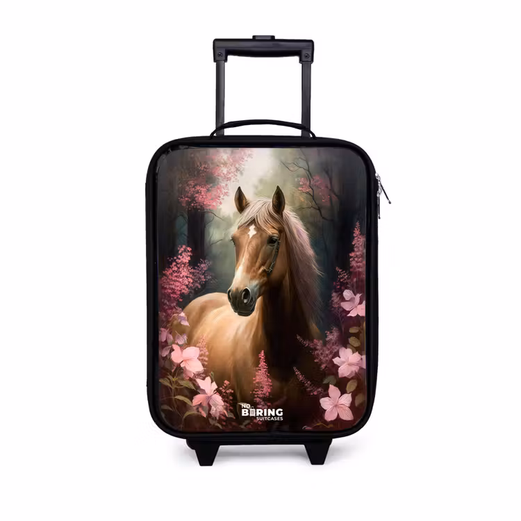 Lichtbruin paard tussen de roze bloemen Kinderkoffer - Zwart klein -3d