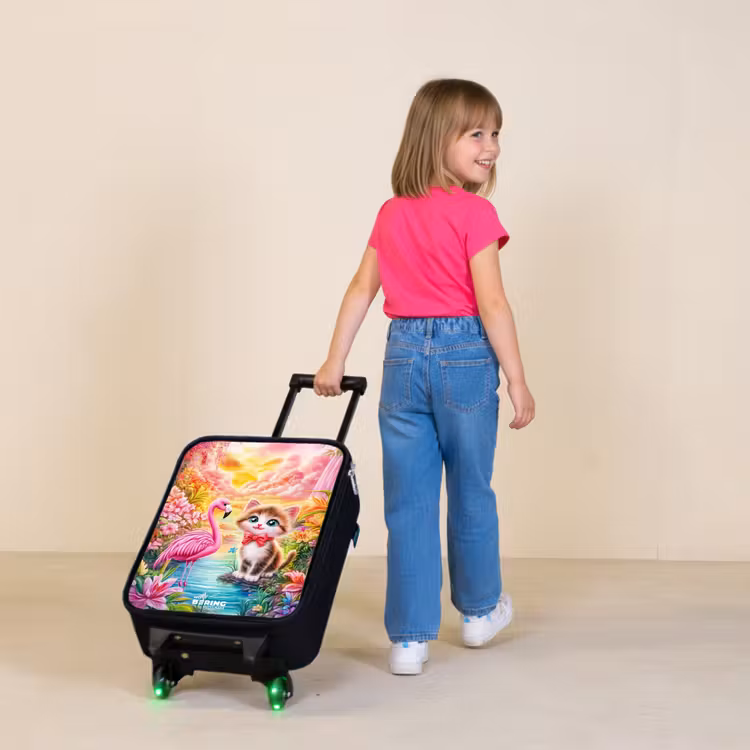 Kitten met flamingo in tropisch bloemenparadijs Kinderkoffer - Zwart klein -sfeer1