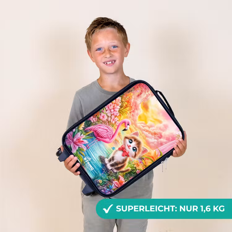 Kitten met flamingo in tropisch bloemenparadijs Kinderkoffer - Zwart klein -sfeer4_DE