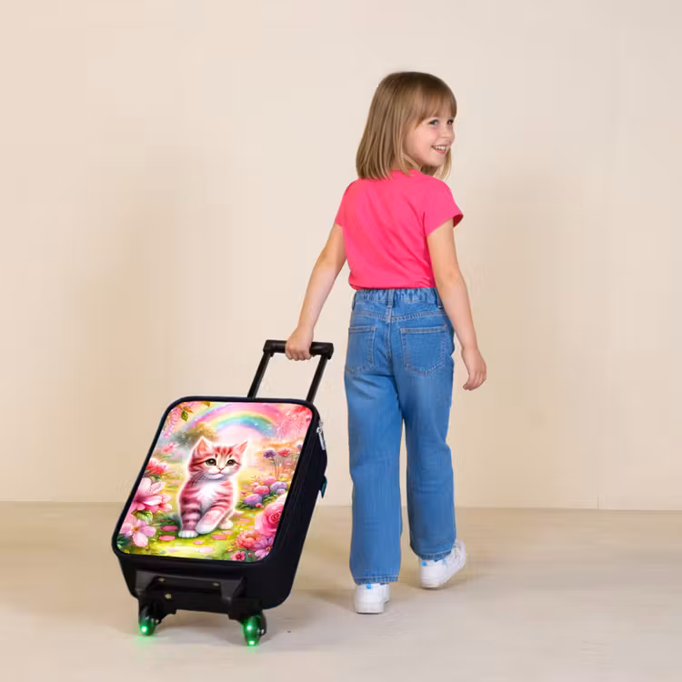 Kitten met regenboog en bloemen Kinderkoffer - Zwart klein -sfeer1