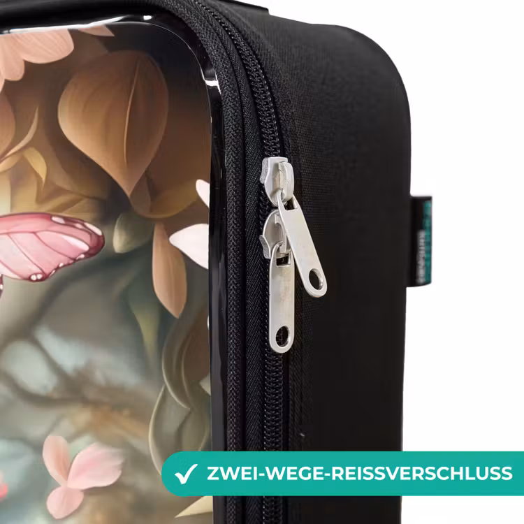 Kat in bloemenveld met roze vlinders. Kinderkoffer - Zwart klein -rits_DE