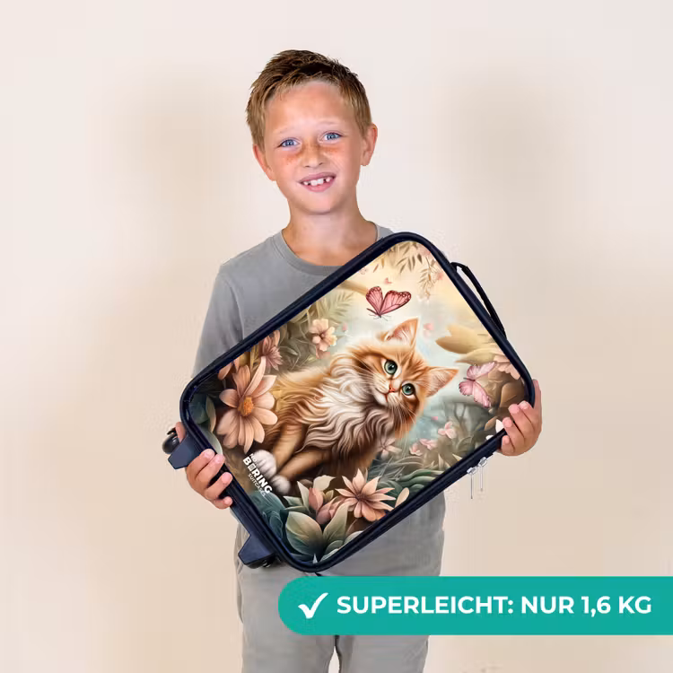 Kat in bloemenveld met roze vlinders. Kinderkoffer - Zwart klein -sfeer4_DE