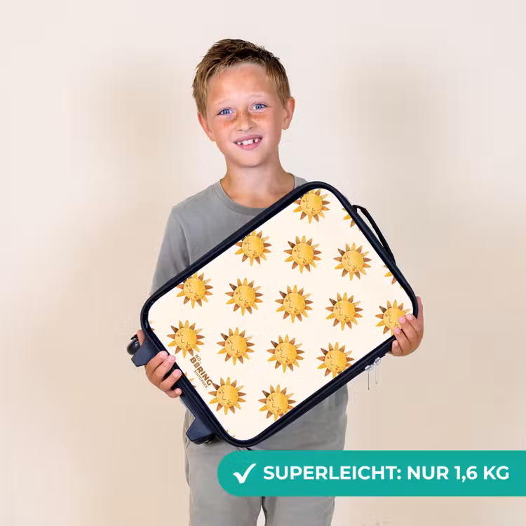 Lachende zonnetjes als patroon op beige achtergrond Kinderkoffer - Zwart klein -sfeer4_DE