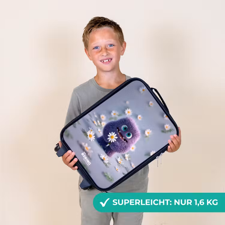 Paars Pluizig Vriendje met Madelief Kinderkoffer - Zwart klein -sfeer4_DE