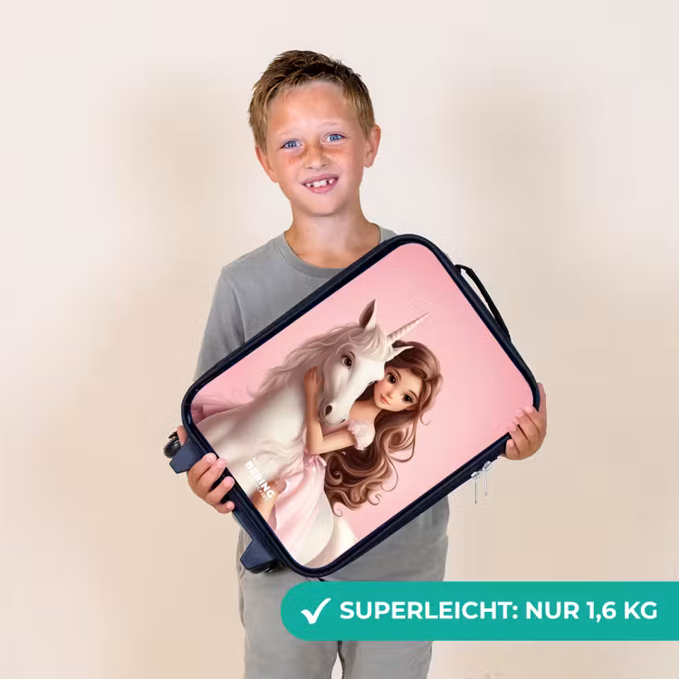 Meisje met witte eenhoorn op roze achtergrond Kinderkoffer - Zwart klein -sfeer4_DE