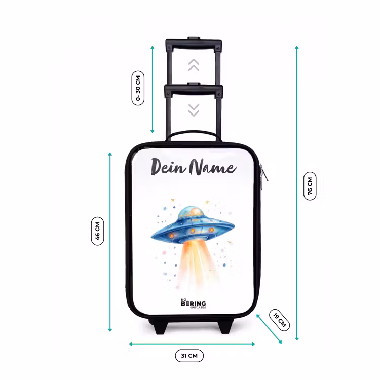 Blauw ruimteschip met lichtstraal Kinderkoffer - Zwart klein -productfoto_formaten