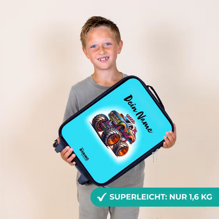 Monstertruck op Lichtblauwe Achtergrond Kinderkoffer - Zwart klein -sfeer4_DE